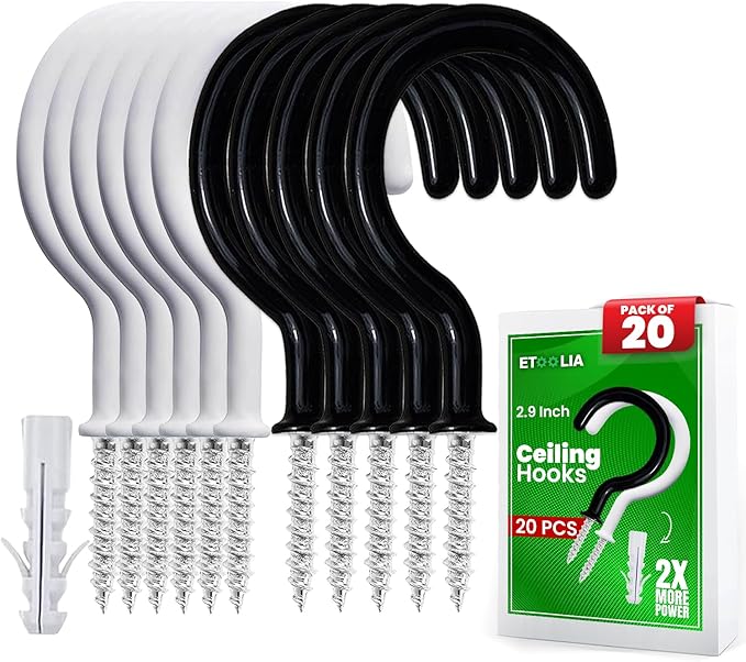 20 Pcs Ceiling Hooks for Hanging Plants - 2.9 inches Plant Heavy Duty, Hanging Hooks for Christmas Lights, Cups, Decors - White Vinyl Coated Screw in Plant Hanger Hook Indoor and Outdoor