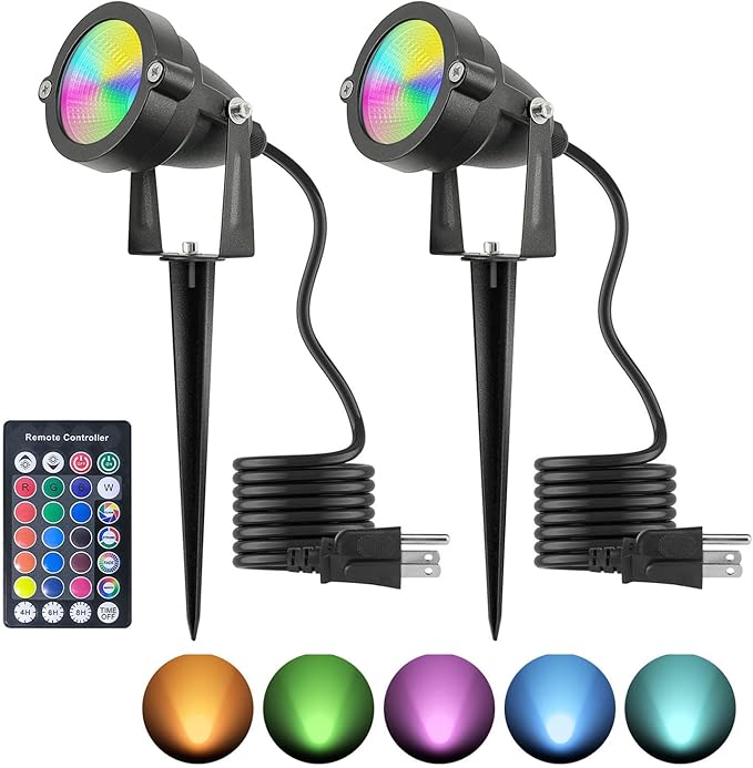 Christmas Spotlight 10W LED Color Changing Outdoor Hallowmas Spot Lights Timer Remote IP65 Waterproof RGB Metal Case Spotlights with Stake Stand for Yard Garden Lawn House, 2 Lights