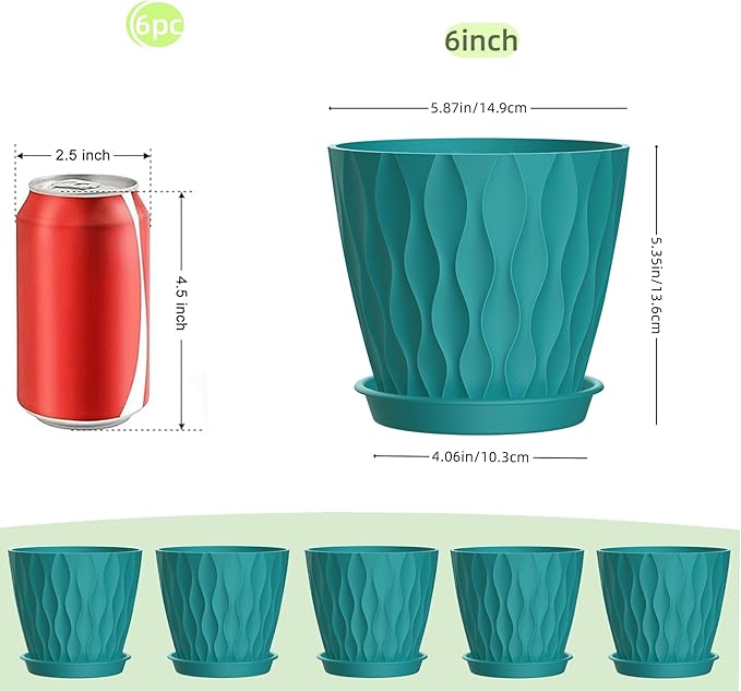 6 Inch Plant Pots, 6 Pack Indoor Flower Pots, Planters with Drainage Holes and Trays for Orchids, Violets, Succulents, Herbs, and Other Plants,Blue-Green