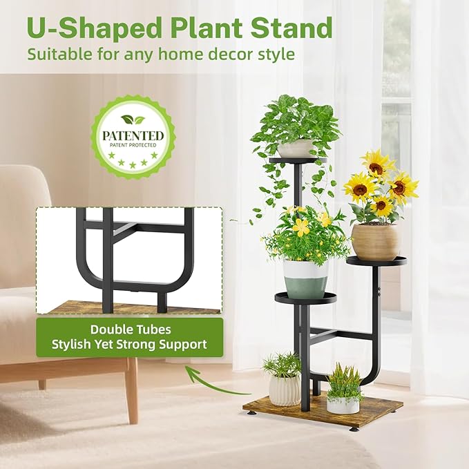 iDavosic.ly 3 Tier Plant Stand Indoor, Corner Tiered Multiple Flower Holder Shelf with Metal Trays, Orchid Display Wooden Rack for Patio Porch Living Room Balcony Outdoor, Modern Black & Rustic Brown
