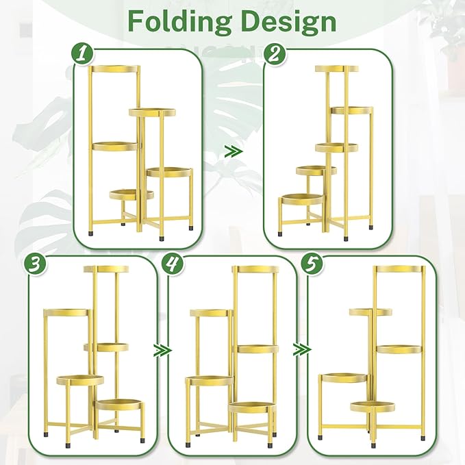 iDavosic.ly Plant Stand Indoor Outdoor, 5 Tier Corner Metal Flower Display Holder Shelf, Easy Assembly Folding Tall Orchid Rack for Patio Balcony Porch Garden Living Room House, Gold
