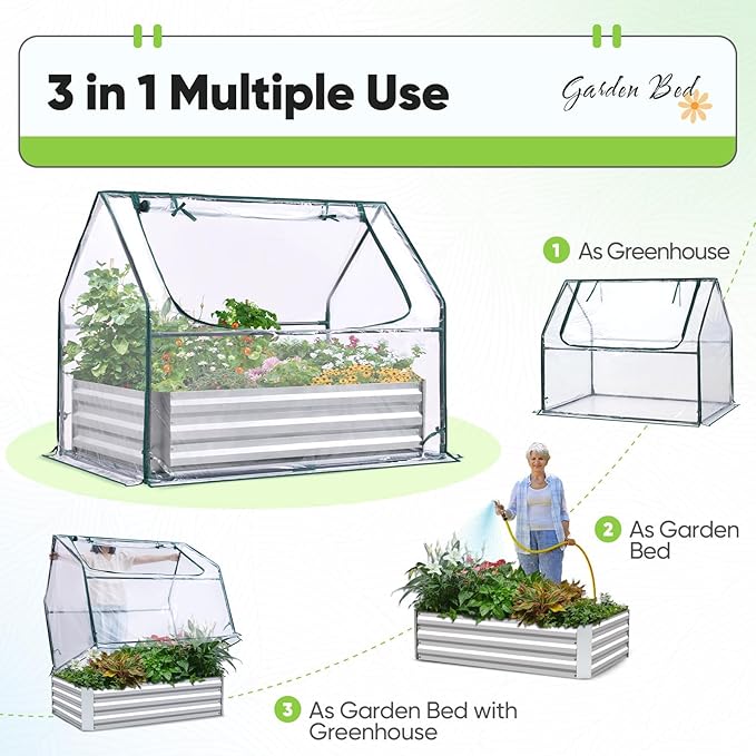 Quictent Raised Garden Bed with Cover Outdoor Galvanized Steel Planter Box Kit with Greenhouse Large Zipper Window Dual Use, 20pcs T-Type Tags & 1 Pair of Gloves Included 4x2.4x1 FT, Clear