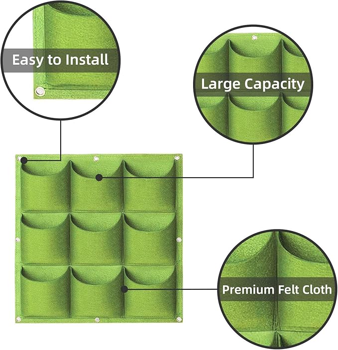 Hanging Planting Grow Bags, 9 Pockets Hanging Vertical Wall Planter Wall Mounted Grow Bag Outdoor Indoor Gardening Vertical Greening Flower Container, Planting Bags Storage Bags(0.5 m × 0.5 m, Green)