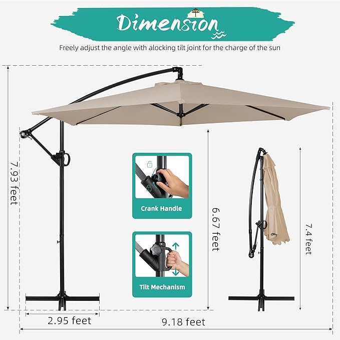 Shintenchi Patio Offset Umbrella with Easy Tilt Adjustment,Crank and Cross Base, Outdoor Cantilever Hanging Umbrella, Sunshade Free Standing Canopy, Khaki