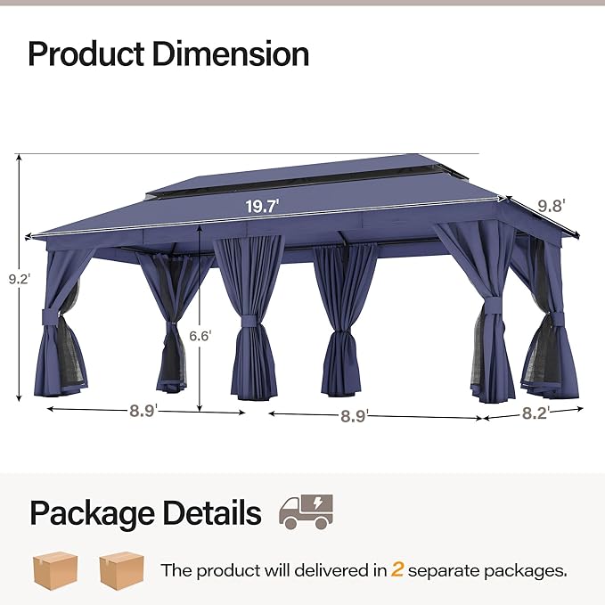LAUSAINT HOME Semi-Permanent Outdoor Patio Gazebo 10'x20', Heavy Duty Party Tent Shelter with Double Roofs, Mosquito Nettings and Privacy Screens for Backyard, Garden, Lawn, Navy Blue