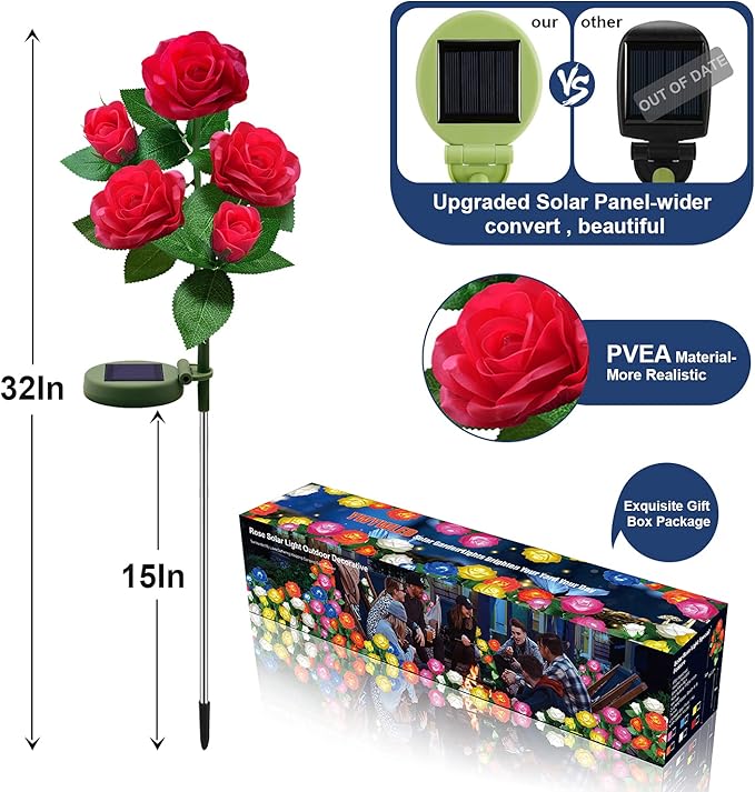Solar Flower Lights Outdoor - Upgraded New Material Two Modes Realistic LED Solar Powered Waterproof Lights with 5 Roses, Solar Decorative Stake Lights for Garden (Red, 1 Pack)