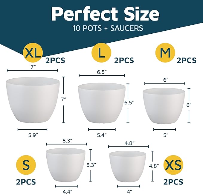 Lifemaster Eco Friendly Plant Pot Set - 10-Pack Home Decor Flower Indoor and Outdoor Plastic Pots with Drainage Holes, Assorted Sizes (7", 6.6", 6", 5.3", 4.8") - Stackable Garden Versatile Planters