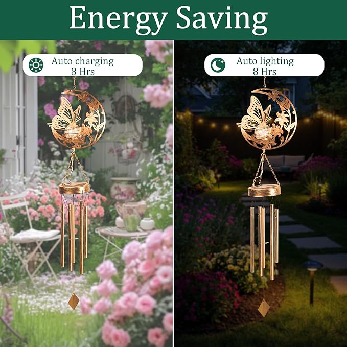 Butterfly Wind Chime for Outside - Elegant Moon & Floral Design, Handmade Aluminum Wind Chimes for Garden/Lawn, Soothing Porch Bells, Perfect Mother's Day/Birthday Gift for Women Butterfly Collectors