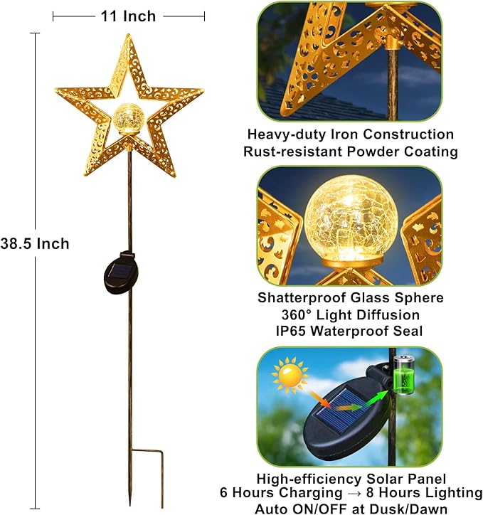 Star Solar Lights Garden Outdoor Decor Waterproof Metal Solar Stakes Lights for Patio Yard Walkway Lawn Patio Garden Gifts
