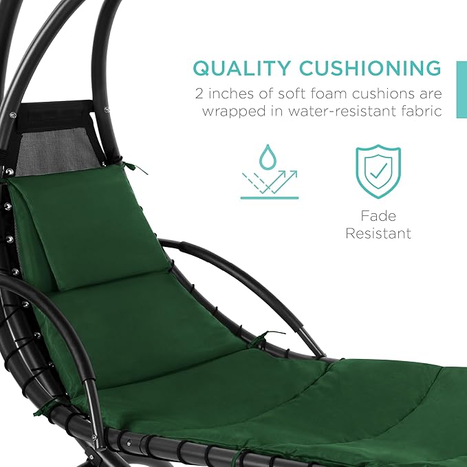Best Choice Products Outdoor Hanging Curved Steel Chaise Lounge Chair Swing w/Built-in Pillow and Removable Canopy - Green