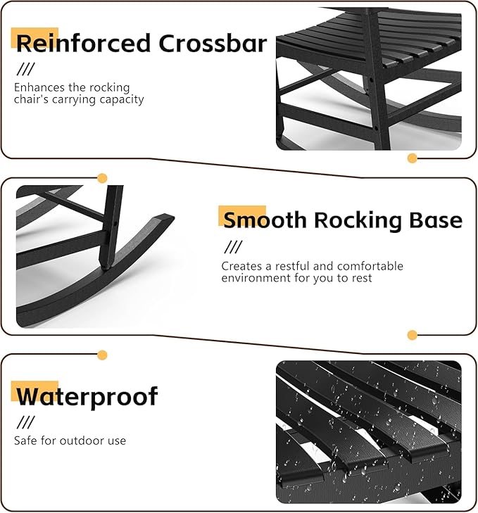 Patio Rocking Chair Outdoor Set of 2,Weather Resistant Poly Resin Oversized Porch Rocker,High Back Smooth Design,350lb Weight Capacity,Indoor Outdoor Use(2, Black)