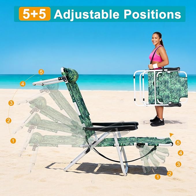 ABORON Tanning Chair with Face Hole, 5-Position Adjustable Reclining Beach Lounge Chair, Folding Face Down Sun Lounger for Beach, Poolside, Patio, Lawn, Home(Tropical Leaf)