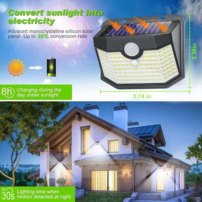 HMCITY 120 LED Outdoor Solar Lights with Motion Sensor and 3 Lighting Modes, IP65 Waterproof Wide Solar Wall Lights Ideal for Garden Patio Yard (Front Button 12Packs, Black Shell-Daylight White)