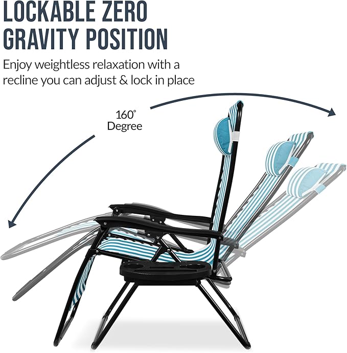 Best Choice Products Set of 2 Extra Wide Adjustable Steel Mesh Zero Gravity Lounge Chair Recliners w/Pillows and Cup Holder Trays - Peacock Blue Stripes