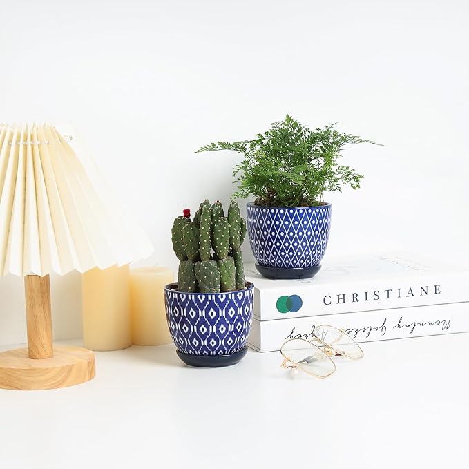 Selamica Ceramic Succulent Pots, 4.6 Inch Small Plant Pots with Drainage Holes & Saucers, Succulent Planters for Indoor Plants Cactus, Home Decor, Set of 6, Vintage Blue