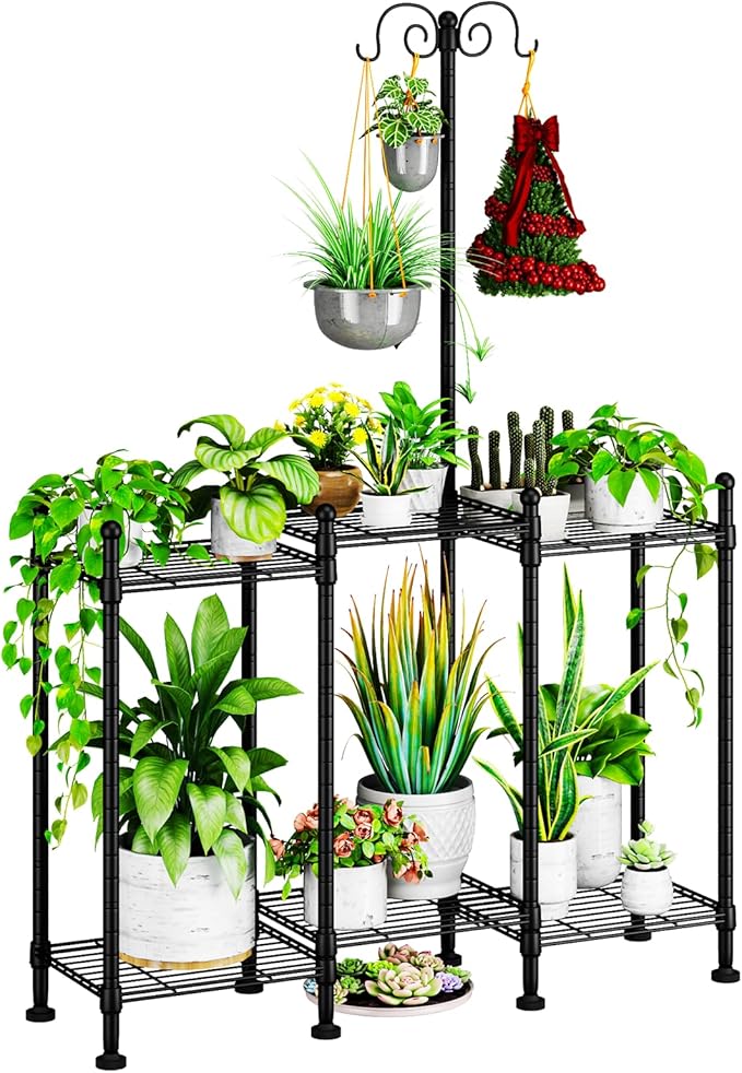 Plant Stand Indoor Outdoor, Heavy Duty Metal Waterproof 6 Tiered Plant Shelf for Multiple Flower Planter Holder Rack, Black - C6