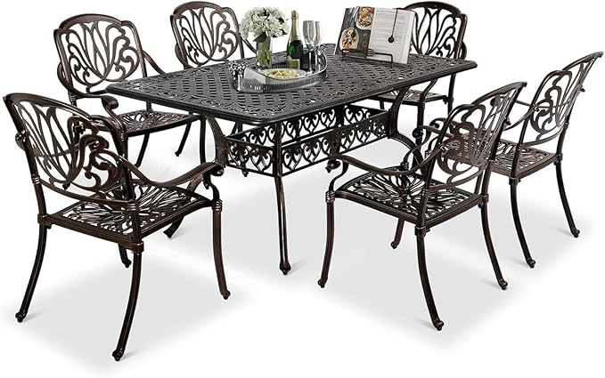 VINGLI 7-Piece Outdoor Dining Set, Cast Aluminum Patio Furniture Set for 6 with Umbrella Hole, Rectangular Outdoor Dining Table & 6 Stackable Chairs, All-Weather Garden/Poolside Dining Set Bronze