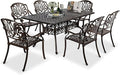 VINGLI 7-Piece Outdoor Dining Set, Cast Aluminum Patio Furniture Set for 6 with Umbrella Hole, Rectangular Outdoor Dining Table & 6 Stackable Chairs, All-Weather Garden/Poolside Dining Set Bronze