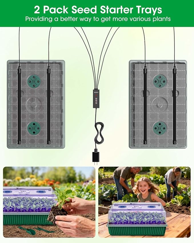 2PCS 120 Cell Self-Watering Seed Starter Tray Kit with Grow Light Humidity Dome,120-Cell Large Plant Seedling Tray, 3 Color Growing Light, Seed Starting Trays for Plant Germination（2PCS, 120 Cell）