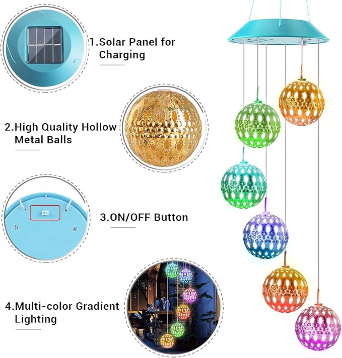 Toodour Solar Wind Chime, Color Changing Moroccan Ball Wind Chimes, LED Decorative Mobile, Gifts for Mom, Waterproof Outdoor Decorative Lights for Garden, Patio, Party, Yard, Outdoor Easter Decor
