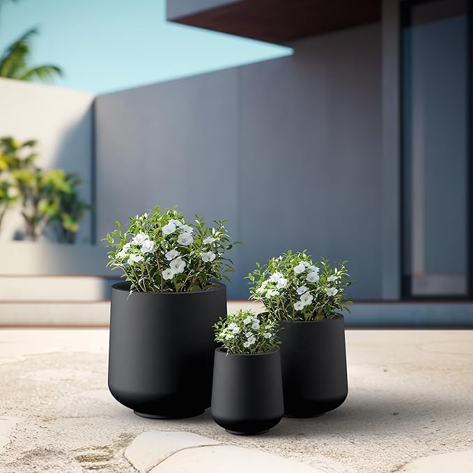 Kante 15.3"+11.6"+8.2" Dia Round Concrete Planter, Large Outdoor Indoor Planter Pots Containers with Drainage Holes and Rubber Plug for Home Garden Patio, Black