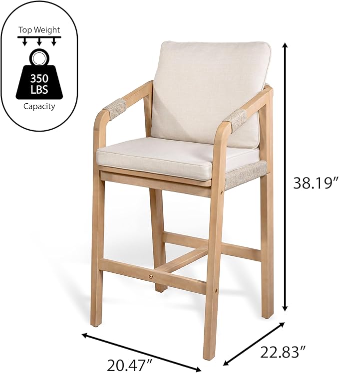 JONATHAN Y BSL1200A-SET2 Porto Modern Coastal Tub Roped Acacia Wood Outdoor Bar Stool with Cushions and Armrests Modern, Coastal, Contemporary, Rustic, Garden Room, Patio, Beige/Light Teak (Set of 2)