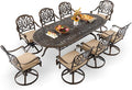 9-Piece Cast Aluminum Patio Furniture, Outdoor Dining Sets for 8 Include 87" Oval Patio Dining Table and 8 Swivel Chairs with Cushions & Umbrella Hole(Bronze)