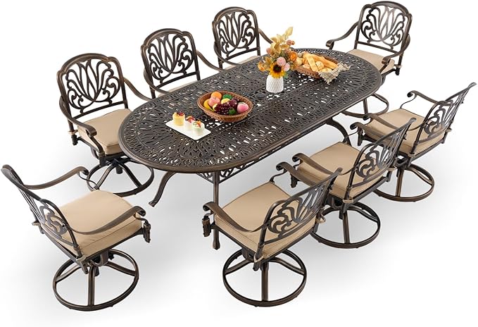 9-Piece Cast Aluminum Patio Furniture, Outdoor Dining Sets for 8 Include 87" Oval Patio Dining Table and 8 Swivel Chairs with Cushions & Umbrella Hole(Bronze)