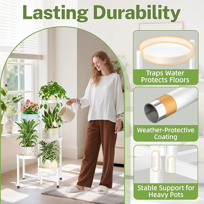 iDavosic.ly Plant Stand Indoor Outdoor, 5 Tier Corner Metal Flower Display Holder Shelf, Easy Assembly Folding Tall Orchid Rack for Patio Balcony Porch Garden Living Room House, White