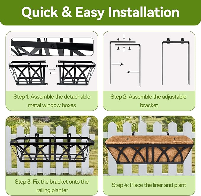 Halatool 2 Pack Heavy-Duty Metal Deck Railing Planter Box, 24 Inch Rust-Resistant Rectangular Window Boxes Planters with Coco Liner & Adjustable Brackets, Grow More On Your Balcony, Patio & Fence