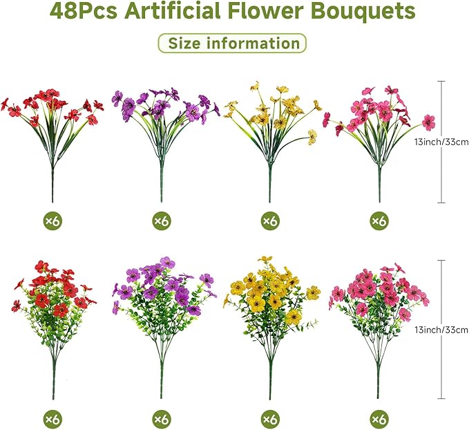 Alupssuc 48 Bundles Artificial Flowers for Outdoors Decoration, UV Resistant Silk Faux Daisy Flora Spring Fake Plastic Plants Greenery for Outside Indoor Yard Home Porch Window Box Decor, Mix 4 Colors