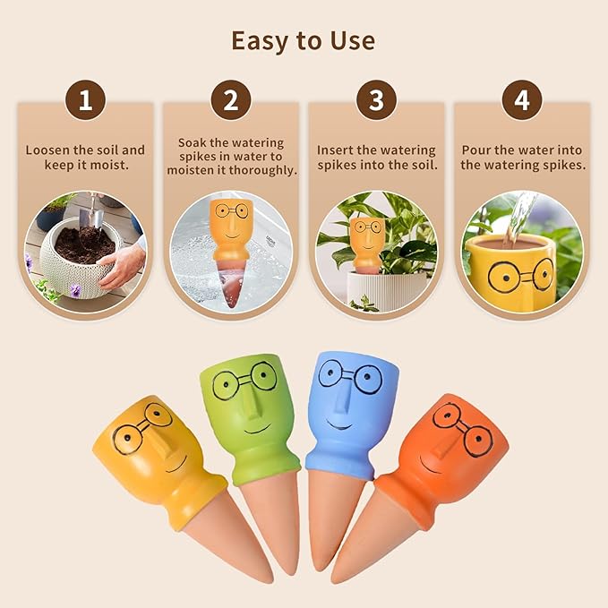 4 PCS Plant Watering Devices, Terracotta Watering Spikes Self Watering Planter Insert Plant Watering Globes for Indoor Outdoor Plants Automatic Vacation Plant Waterer with Slow Release Watering System
