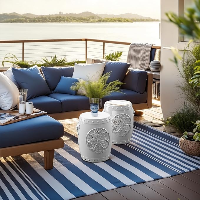 EFU Resin Garden Stool Indoor Outdoor,Decorative Antique Classic-Like Appearance, Waterproof UV Resistant Lightweight Sturdy,for Living Room, Garden Room, Patio(White)