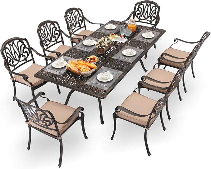 9-Piece Cast Aluminum Patio Furniture, Outdoor Dining Sets for 8 Include 87" Rectangular Patio Dining Table and 8 Stackable Chairs with Cushions & Umbrella Hole (Bronze)