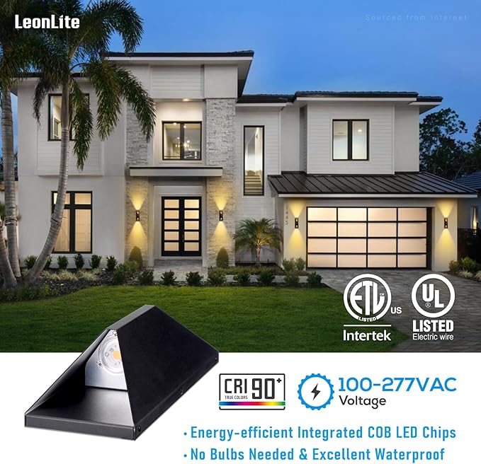 LEONLITE Dimmable LED Up Down Wall Light, 100-277V, CRI 90+, IP65 Waterproof, 10%-100% Dimmable for Commercial Outdoor, 14 Inch Modern Porch Light, 3000K, Pack of 2