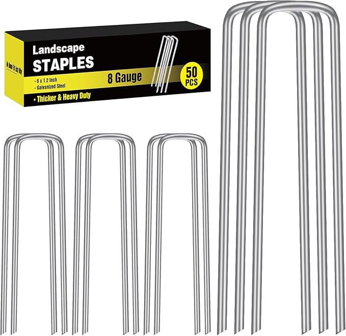 HongWay 50 Pack 6 Inch Landscape Staples, 8 Gauge Garden Stakes Heavy Duty More Thicker Galvanized Tent Stakes, Lawns Yard Staples Wind-Resistant Ground Stakes for Hard & Rocky Soil, Pet Fence