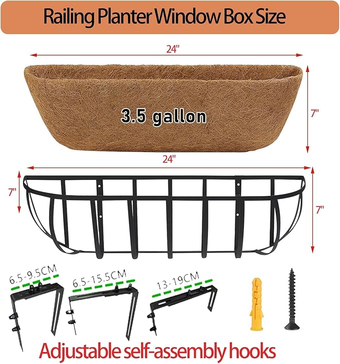 24'' Window Box Railing Planter with Coco Liner,4 Pack Horse Trough Planters Black Metal Hanging Flower Planters Basket for Porch Fence Patio Indoor Outdoor Lawn