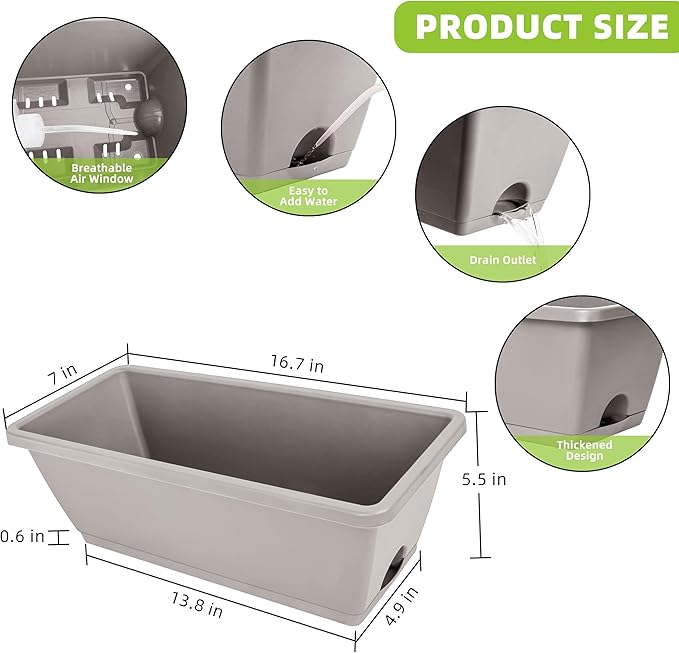 Window Box Planter, 12 Pack Plastic Vegetable Flower Planters Boxes 17 Inches Rectangular Flower Pots with Saucers for Indoor Outdoor Garden, Patio, Home Decor (Brick RED) (French Grey)