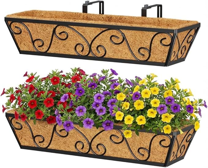 Y&M 24 Inch Window Deck with Coco Liner, Fence Metal Hanging Flower Planter Window Basket Deck Railing Planter Boxes for Outdoor Garden Lawn-Butterfly,2pcs