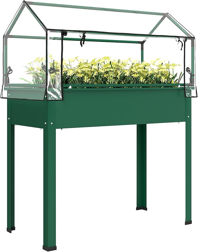 Outsunny Raised Garden Bed with Greenhouse Cover, Elevated Planter Box with Legs and Drainage Hole for Vegetables Flowers Herbs, 39.4" x 18.9" x 48.8", Green