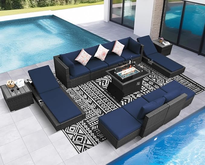 NICESOUL 13 Piece Patio Furniture with Fire Pit, Heavy Duty Wicker Outdoor Sectional with Firepit Table & Chaise Lounge, Big Large Sectional 10-Seats w/Firepit Propane/Natural Gas, Gray & Navy Blue