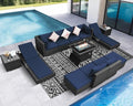 NICESOUL 13 Piece Patio Furniture with Fire Pit, Heavy Duty Wicker Outdoor Sectional with Firepit Table & Chaise Lounge, Big Large Sectional 10-Seats w/Firepit Propane/Natural Gas, Gray & Navy Blue
