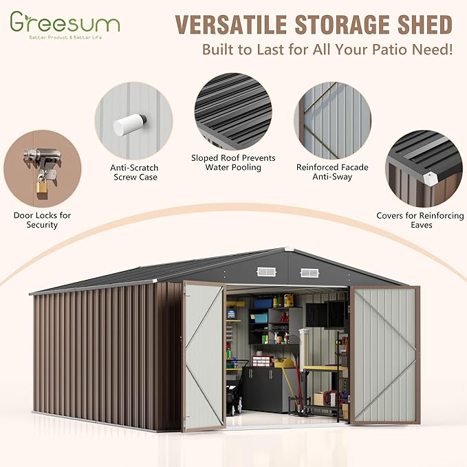 Greesum 10×14 FT Outdoor Storage Shed, Metal Storaged Sheds Without Floor, Tool Sheds with Lockable Doors and Sloping Roof for Garden, Patio, Brown