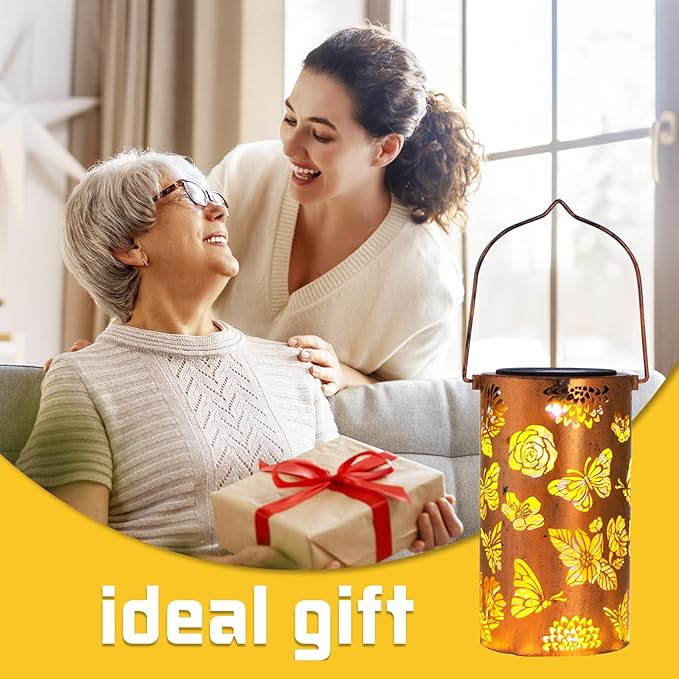 Butterfly Flower Birthday Gifts for Women, Solar Lanterns Outdoor Waterproof, Garden Decor Metal Hanging Decorative Solar Lights for Patio Yard Backyard Porch, Gardening Gifts for Women Mom Grandma