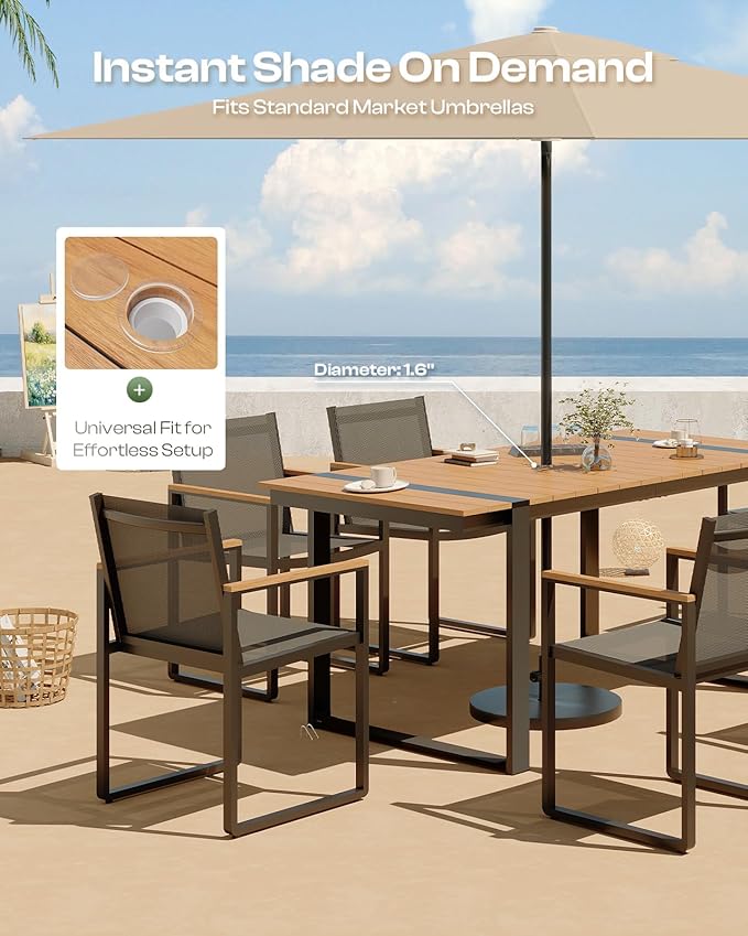 Outdoor Dining Set, HDPS + Aluminum Patio Table and Chairs Set with U-Shaped Base, 7 Piece Outdoor Furniture Set with Umbrella Hole, Patio Dining Table Set for Garden, Backyard (Gray-Teak)