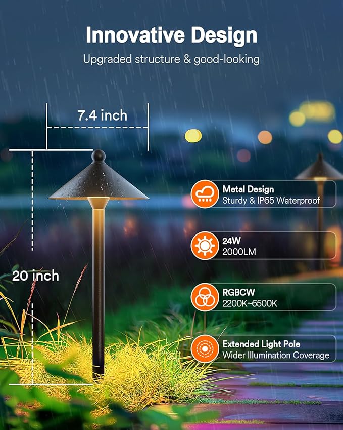 Lumary Smart Low Voltage Pathway Lights 24V 2000LM, Landscape Path Lights with RGBAI Color Changing, App/Remote Control, IP65 Waterproof Walkway Lights for Yard Driveway Garden, 4 Pack, Black Aluminum
