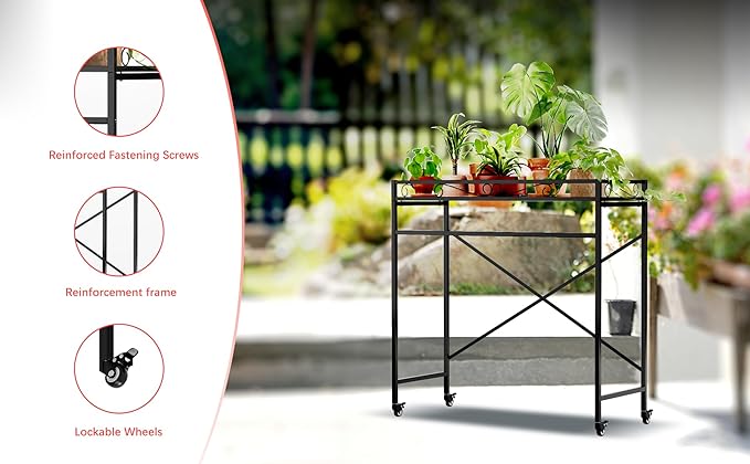 Zhongma 1 Tier Sturdy Metal Plant Stand with Wheels, 40.5x16x40.4 in High, Heavy Duty Succulent Shelf for Home Indoor and Outdoor, 220 LBS Capacity & Heavy Duty Construction
