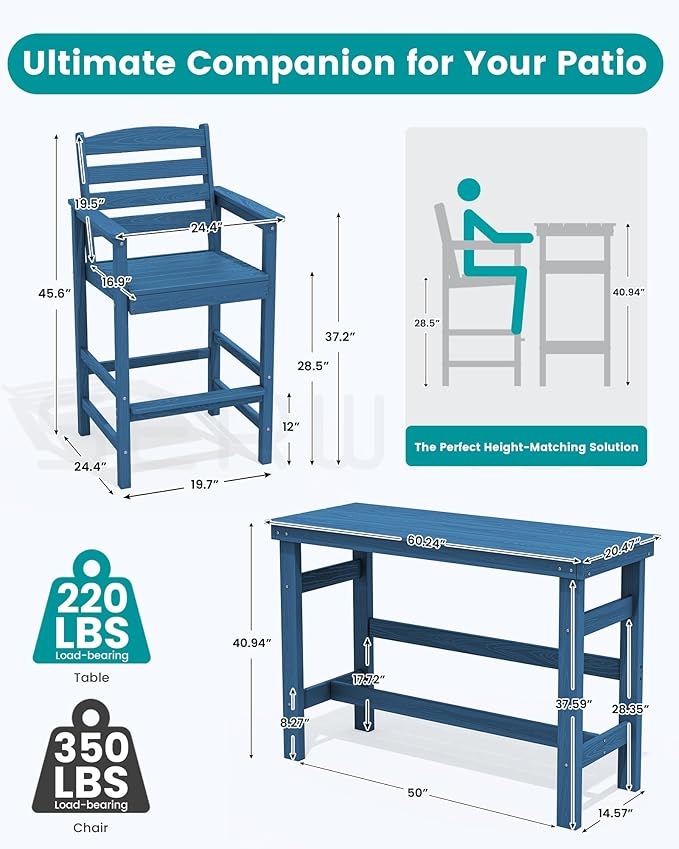 SERWALL Outdoor Bar Table and Chairs Set, Adirondack Bar Chairs Set of 2 and Bar Height Table, All Weather HDPE Patio Bar Set, Outdoor Furniture for Outside, Blue