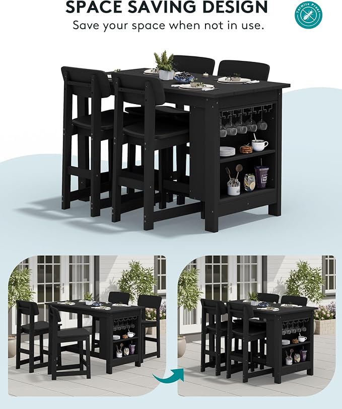 SERWALL Outdoor Bar Table and Chairs Set, 5-Piece HDPE Counter Height Patio Dining Sets with Storage and Wine Rack, Rectangular High Top Bar Table with 4 Bar Stools for Garden, Backyard, Black
