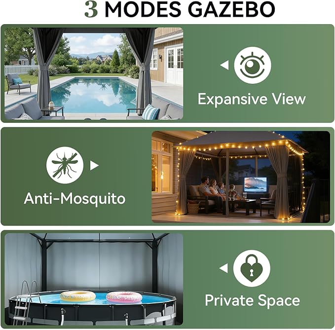 Aoxun 10x12 Outdoor Gazebo with 50FT LED Hanging Lights Metal Frame Canopy with Double Roofs Heavy Duty Party Tent and Shelter with Mosquito Netting and Privacy Screen for Backyard, Lawn, Garden(Gray)